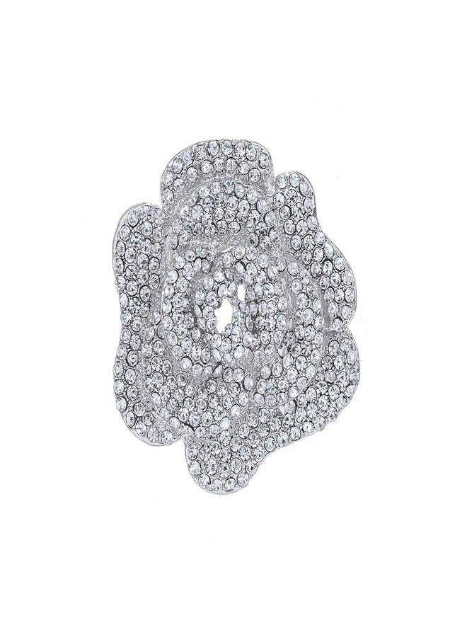 MEEDOZ White Gold Plated Women's Crystal Rhinestone Rose Flower Shape Brooch Pins for DIY Bridal Wedding Bouquet (Silver) - Image 1